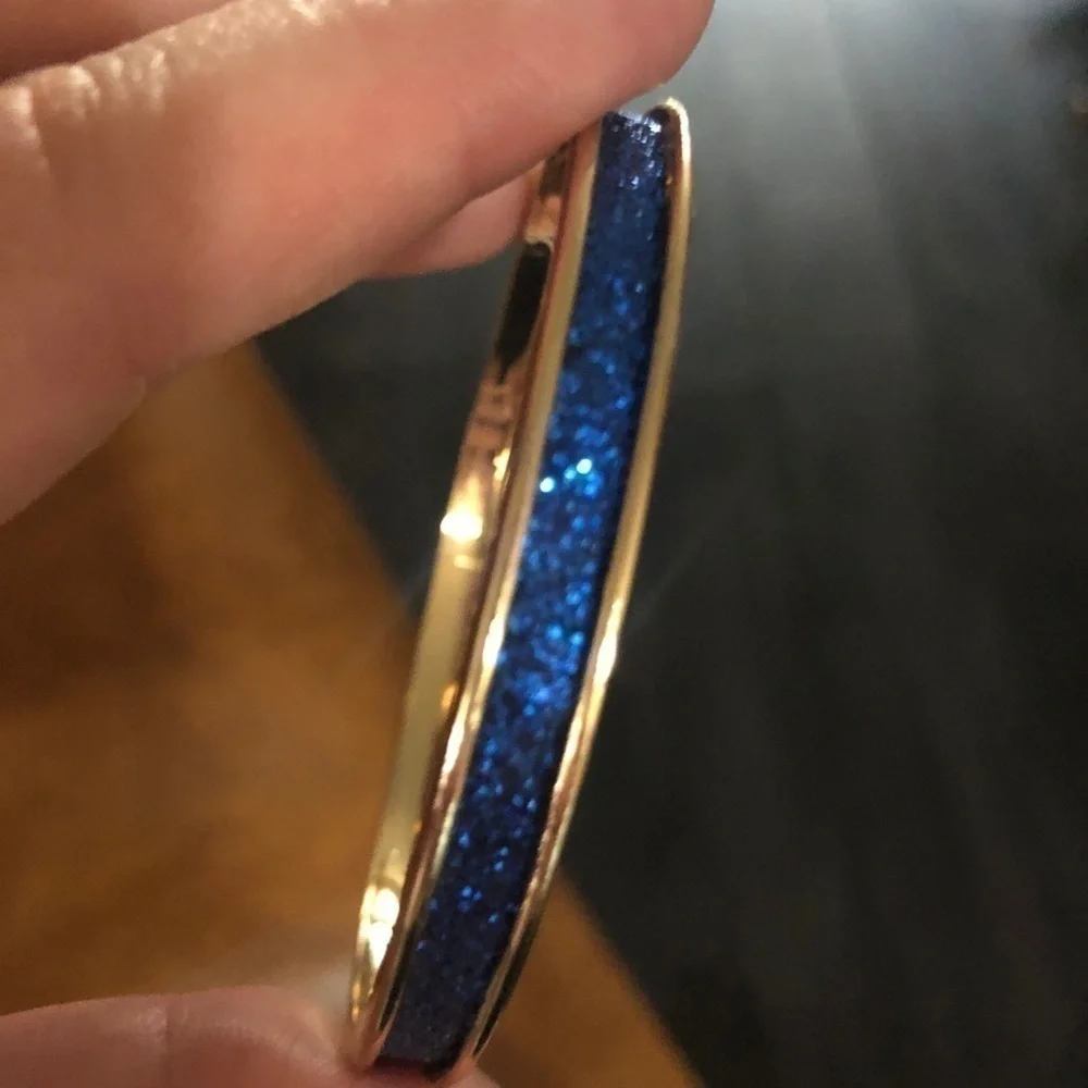 Blue Glitter Gold Tone Metal Bangle Bracelet